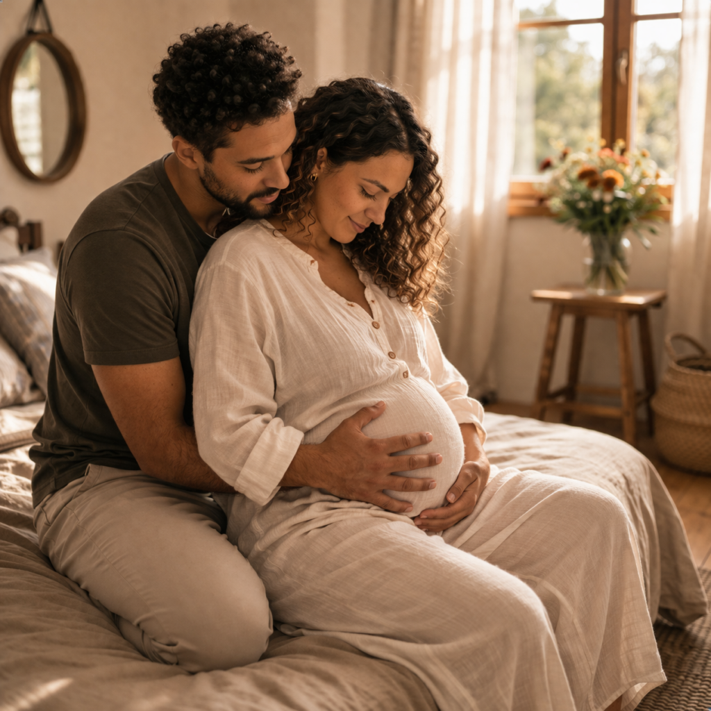 couple sharing a tender moment, woman is pregnant